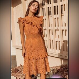 SAYLOR Lace Ruffle Midi Dress in Orange